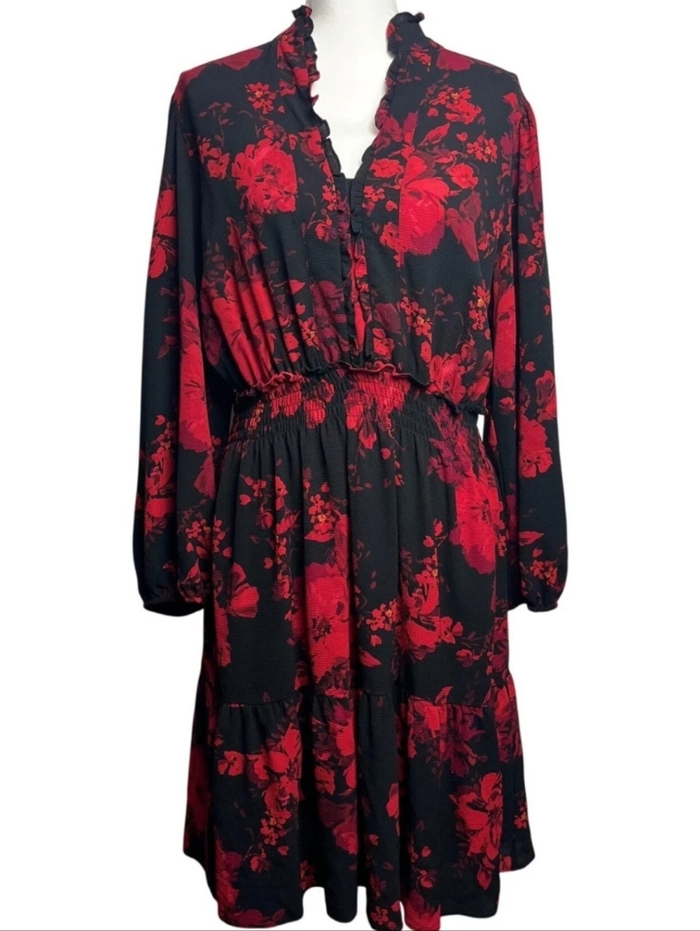 Red Floral V-Neck Long Sleeve Dress for Women